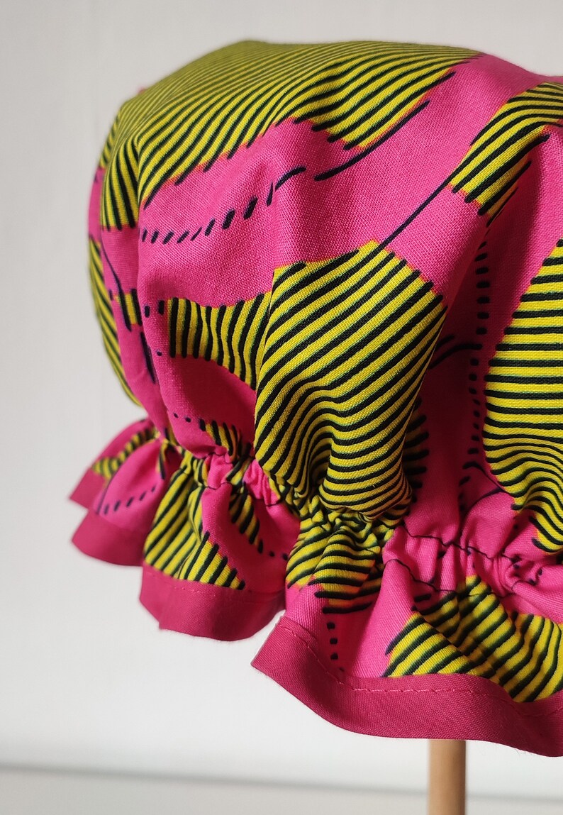 Frilly Ankara Cotton Shower Cap, Dutch Wax Print, Pink, Black, and Lime ...