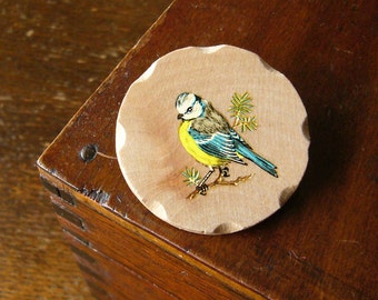 bonnie blue tit wooden hand shaped brooch