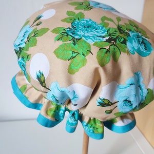 Blue Roses, shower cap bath bonnet hat turquoise green beige big dot frilly floral vintage chintz style ready to ship image 3