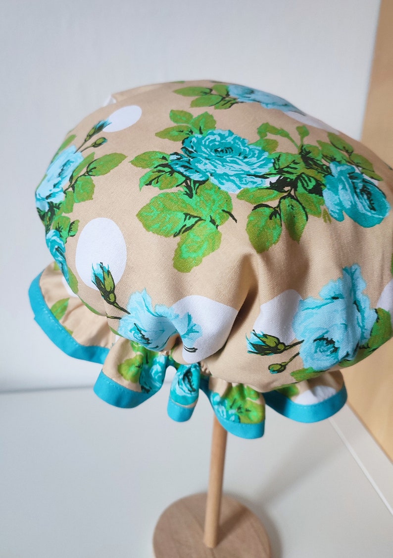 Blue Roses, shower cap bath bonnet hat turquoise green beige big dot frilly floral vintage chintz style ready to ship image 3