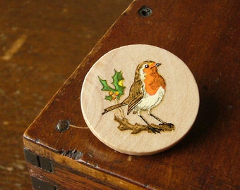 robin red breast wooden christmas brooch