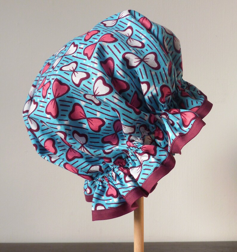 bowbelle, frilly cotton shower cap bath bonnet, african wax print ready to ship image 2