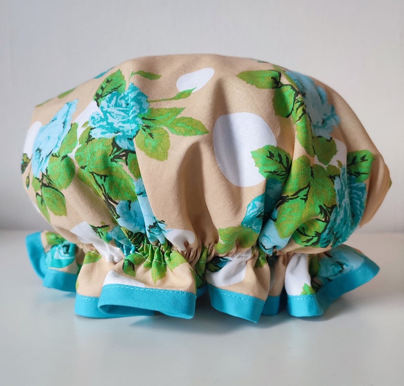 Blue Roses, shower cap bath bonnet hat turquoise green beige big dot frilly floral vintage chintz style ready to ship image 1