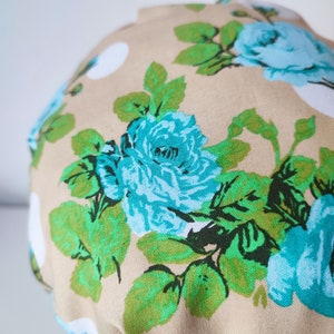 Blue Roses, shower cap bath bonnet hat turquoise green beige big dot frilly floral vintage chintz style ready to ship image 4
