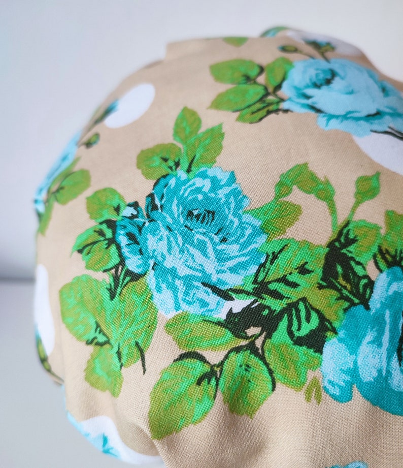 Blue Roses, shower cap bath bonnet hat turquoise green beige big dot frilly floral vintage chintz style ready to ship image 4