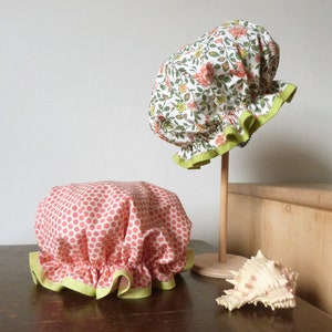 Dimity, frilly floral shower cap bath bonnet in vintage Saderson fabric ready to ship image 2