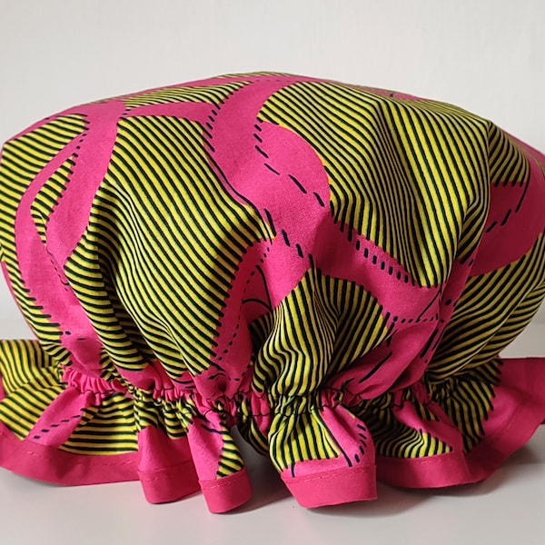Bangles, frilly shower cap ankara cotton wax print pink black lime circles stripes - ready to ship