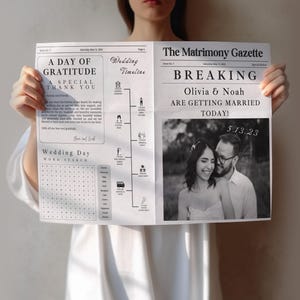 Newspaper wedding program, Newspaper template, Wedding newspaper, Newspaper wedding, Wedding timeline, Wedding crossword, Wedding itinerary