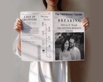 May include: A person holds a wedding announcement designed as a newspaper. The headline "BREAKING Olivia & Noah ARE GETTING MARRIED TODAY!" is displayed with a photo of the couple. The left side includes text about gratitude and a wedding timeline.