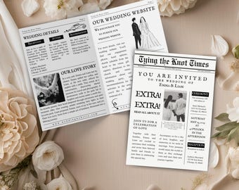 Wedding newspaper invitation template, Folded wedding invitation, Unique wedding invitation, Newspaper template, Wedding details card, photo