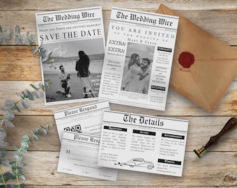 Wedding newspaper invitation template, Unique wedding invitation, newspaper template, Wedding invitation suite, QR code invite, Details card
