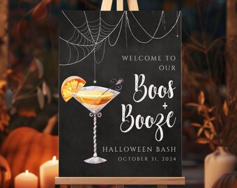 Panneaux de bienvenue pour Halloween Boos & Booze imprimables - Noir - Martini orange | 6 tailles incluses | Modifiez le texte en Corjl, téléchargez-le et imprimez-le !