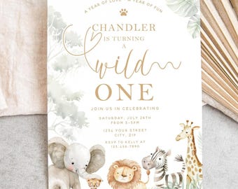 May include: A white invitation card with a jungle theme. The text reads "Chandler is turning a wild one." The card features illustrations of an elephant, lion, zebra, giraffe, and other jungle animals. The invitation is decorated with watercolor foliage.