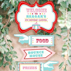 Letreros direccionales de circo imprimibles: Decoración de carnaval editable (descarga digital)