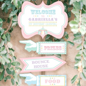 PRINTABLE Pastel Circus/Carnival Directional Signs Each Sign Features Fully Editable Text Edit Text in Corjl, Download and Print image 1