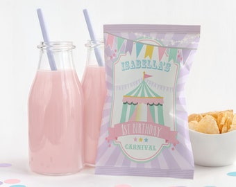 PRINTABLE Pastel Circus Chip/Popcorn Bags- Purple Burst | Pastel Carnival | Edit Text in Corjl, Download and Print!