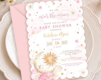 PRINTED Over the Moon Baby Shower Scalloped Invitations- Pink, Celestial, Sun Moon Stars, Customized w/ Your Wording