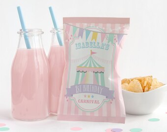 Pastel Circus Chip Bags: Pink Carnival Party Favors (Printable, Editable)