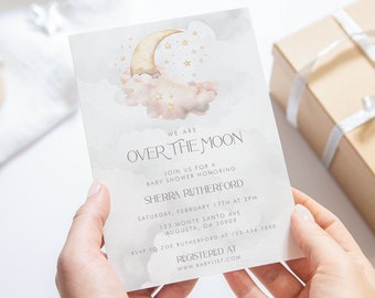 PRINTED & SHIPPED Over the Moon Baby Shower Invitation- Pink | We Edit the Wording, Print and Ship to You!