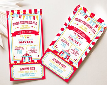 PRINTABLE Bright Red Circus/Carnival Ticket Invitations | Includes 4 x 8 and 4 x 9 Sizes | Edit Text in Corjl, Download and Print!