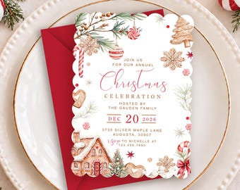 PRINTED Gingerbread & Candy Canes Scalloped Christmas Invitations, Customized w/ Your Wording