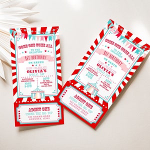 PRINTABLE Red & Pink Zirkus/Karneval Ticket Einladung-Red Burst | Vollständig bearbeitbarer Text | Bearbeiten Sie Text in Corjl, Herunterladen und Drucken!