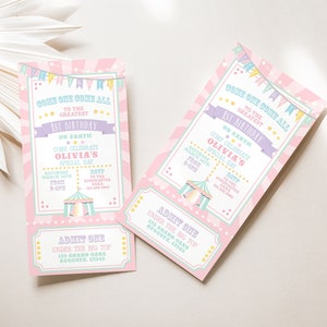 PRINTABLE Pastel Circus/Carnival Ticket Invitation- Pink Burst | Fully Editable Text | Edit Text in Corjl, Download and Print!