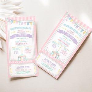 Invitación para entrada de circo/carnaval en colores pastel IMPRIMIBLE - Rayas rosas / Texto totalmente editable / Editar texto en Corjl, ¡descárgalo e imprímelo!