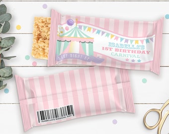 PRINTABLE Pastel Circus/Carnival Rice Krispie Treat Wrappers- Pink Stripes | Fits 0.78oz Treats | Edit Text in Corjl Design App