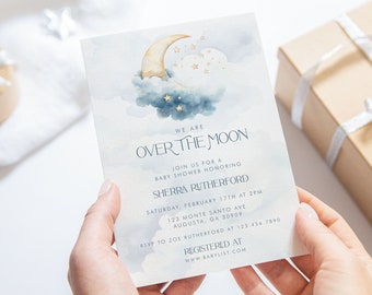 PRINTED & SHIPPED Over the Moon Baby Shower Invitation- Blue | We Edit the Wording, Print and Ship to You!