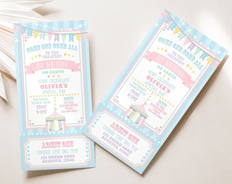 PRINTABLE Pastel Circus/Carnival Ticket Invitation- Blue Stripe | Fully Editable Text | Edit Text in Corjl, Download and Print!