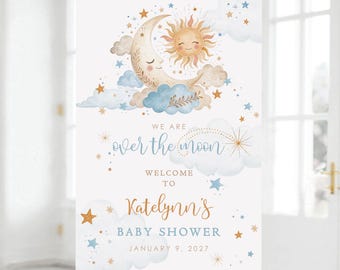PRINTED Baby Shower Welcome Sign- Blue, Over the Moon, Celestial, Sun Moon Stars