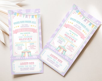 PRINTABLE Pastel Circus/Carnival Ticket Invitation- Purple Burst | Fully Editable Text | Edit Text in Corjl, Download and Print!