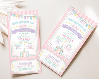 Pastel Circus Ticket Invitation: Editable Pink Carnival Birthday (Digital Download)