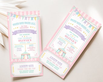 PRINTABLE Pastel Circus/Carnival Ticket Invitation- Pink Stripes | Fully Editable Text | Edit Text in Corjl, Download and Print!