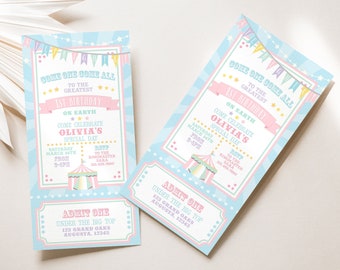PRINTABLE Pastel Circus/Carnival Ticket Invitation- Blue Burst | Fully Editable Text | Edit Text in Corjl, Download and Print!