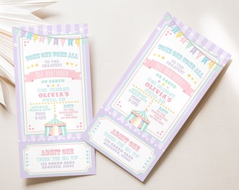 PRINTABLE Pastel Circus/Carnival Ticket Invitation- Purple Stripes | Fully Editable Text | Edit Text in Corjl, Download and Print!