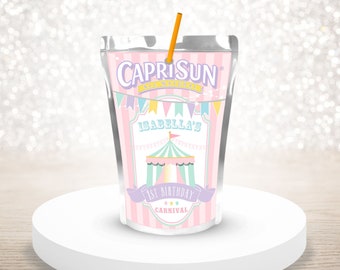 PRINTABLE Pastel Circus Capri Sun Labels- Pink Stripes | Pastel Carnival | Edit Text in Corjl, Download and Print!