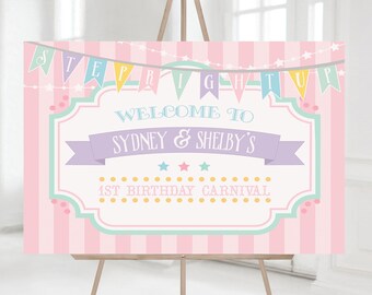 PRINTED Pastel Circus/Carnival Welcome Horizontal Sign- Pink Stripes | Choose Size | Poster or Foam Core | Personalized, Printed, Shipped