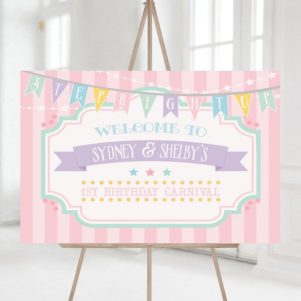 PRINTABLE Pastel Circus/Carnival Horizontal Welcome Sign- Pink Stripes | 8 Sizes Included | Edit Text in Corjl, Download and Print!