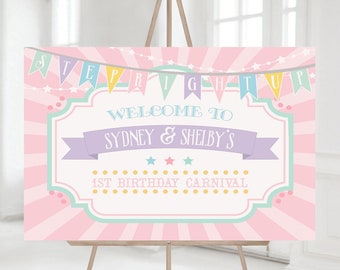 PRINTABLE Pastel Circus/Carnival Horizontal Welcome Sign- Pink Burst | 8 Sizes Included | Edit Text in Corjl, Download and Print!