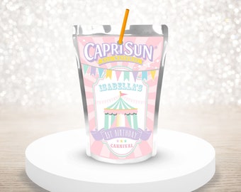 PRINTABLE Pastel Circus Capri Sun Labels- Pink Burst | Pastel Carnival | Edit Text in Corjl, Download and Print!