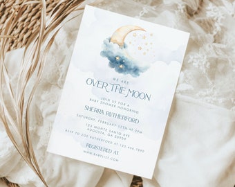 PRINTABLE Over the Moon Baby Shower Invitation- Blue | Fully Editable Text | Edit Text in Corjl Design App