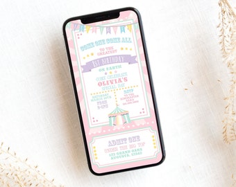 Pastel Circus Smart Phone Invitation- Pink Burst | Text Message Invite | Circus Baby Shower | Edit in Corjl, Download, and Send!