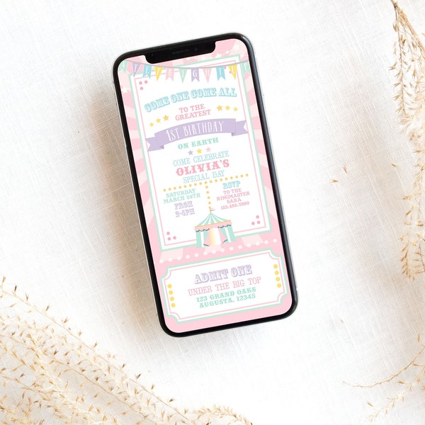 Pastel Circus Smart Phone Invitation- Pink Burst | Text Message Invite | Circus Baby Shower | Edit in Corjl, Download, and Send!