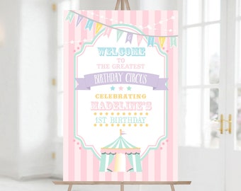 PRINTABLE Pastel Circus/Carnival Welcome Sign- Pink Stripes | 8 Sizes Included | Edit Text in Corjl, Download and Print!