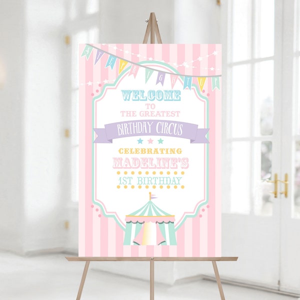 Printable Pastel Circus/Carnival Welcome Sign- Pink Stripes | 8 tailles incluses | Editez du texte en Corjl, téléchargez et imprimez!