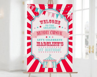 PRINTABLE Red & Pink Circus/Carnival Sign- Red Burst | 5 Sizes Included | Edit Text in Corjl, Download and Print!