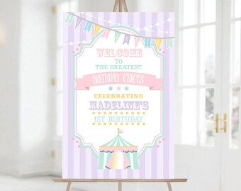 PRINTABLE Pastel Circus/Carnival Welcome Sign- Purple Stripes | 8 Sizes Included | Edit Text in Corjl, Download and Print!