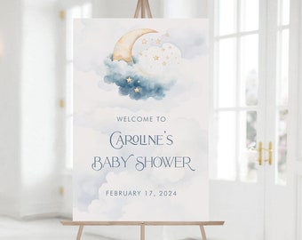 PRINTED Over the Moon Baby Shower Welcome Sign- Blue | Choose Size | Poster or Foam Core | Personalized, Printed, Shipped